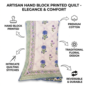 Couette et couvre-lit réversibles faits main en coton Jaipuri Razai, imprimés à la main par blocs floraux, motif botanique - Product Image 6