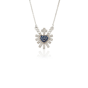 Latest New Design <b>Small</b> Blue Sapphire & Diamond Sacred Heart Sunburst Pendant <b>Necklace</b> 14K Pure White Gold Women Jewelry - Product Image 3