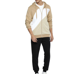 Ensemble de survêtement décontracté pour homme, sweat-shirt à capuche zippé beige et blanc à blocs de couleur, manches longues, avec poches latérales, pour l'automne - Product Image 1