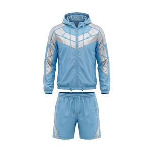 Breathable Polyester Nylon Windbreaker Short Set Nylon Hooded <b>Jacket</b> And Shorts Sky Blue <b>Silver</b> Gray Color Block Panel Tracksuit - Product Image 2