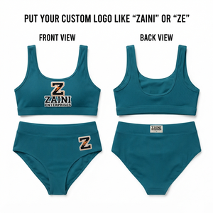 Women Bikini Set Premium Ribbed Nylon Spandex 280 GSM <b>Teal</b> Two Piece Swimwear with Embroidered Custom Logo and Woven Label Trim - Product Image 1