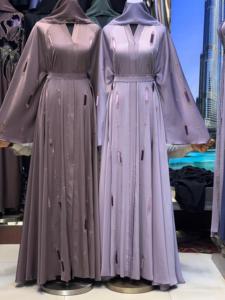 2026 New V Neck Long Sleeve Floor Length Modest Polyester Handmade <b>Flared</b> Hem Abaya Beaded Detail Women's Traditional Muslim - Product Image 2