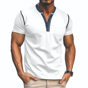 SELF INDUSTRIES T-shirts décontractés d'été pour hommes, à manches courtes, en popeline respirante, mélange polyester/coton imprimé, à bouton unique - Product Image 2