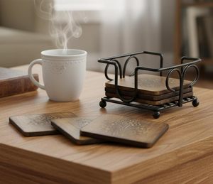 Wooden Square <b>Tea</b> <b>Coasters</b> with Iron Stand Holder Wooden Drink <b>Coasters</b> for Dining Table Whiskey Glass Rustic Beverag - Product Image 5