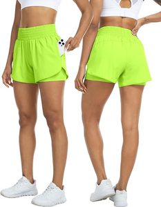 Shorts Deportivos de Cintura Alta para Mujer, Color Verde Neón, con Bolsillos, Cintura Elástica, Secado Rápido, Tejido de Punto, Spandex, Poliéster, Estilo Motociclista, Ropa Deportiva - Product Image 5