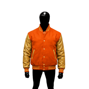 Veste universitaire orange personnalisée avec manches jaune doré, veste bomber classique pour homme, style universitaire, vente en gros, taille S - Product Image 1