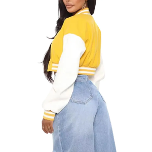 Blousons universitaires pour femmes personnalisés 100 % laine avec empiècements contrastants, style Letterman, bordure côtelée, fermeture à boutons-pression, coupe décontractée, streetwear - Product Image 2