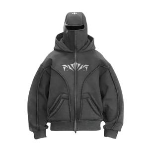 Sudadera con capucha tipo balaclava de streetwear para hombre, de algodón y poliéster, 400 GSM, con cremallera completa, máscara ninja, corte holgado, doble capucha, sudadera personalizada de alta calidad - Product Image 1
