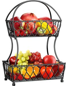 Panier à fruits et légumes à 2 niveaux en bois et métal avec 2 supports pour bananes pour le rangement de la cuisine à domicile - Product Image 3