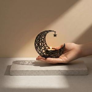 Support de bougie en métal noir en forme de lune, décoration de table islamique pour le Ramadan, porte-bougie en forme de croissant de lune, bougie décorative arabe - Product Image 4
