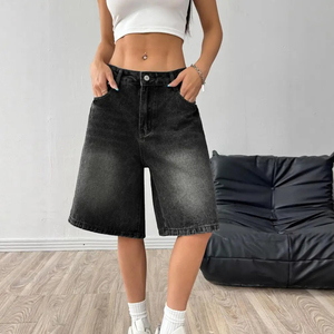 Shorts en jean d'été pour femme, taille mi-haute, longueur genou, coupe droite, jorts amples, jambe large, en coton respirant, style sportif, poches personnalisables - Product Image 4
