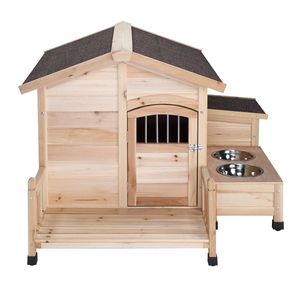 HOBBYZOO Wooden <b>Dog</b> <b>House</b> <b>Outdoor</b> Pet Shelter with Cabin Style Waterproof Asphalt Roof Porch Feeding Bowl Storage Box Nat - Product Image 1