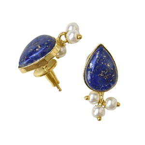 Water Drop Shape Lapis Lazuli <b>Stud</b> <b>Earrings</b> Imitation Pearls 18K Gold Plated Trendy Brass Bezel Setting Women's Party Jewelry - Product Image 2