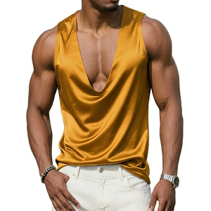 Premium Custom Men's Silky Satin V-Neck Tank Tops Muscle Shirts Dropped Armhole Sleeveless Wholesale Vendor Tank Tops For Men - Product Image 4