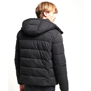 Men's Black Hooded <b>Padded</b> Jacket Full Sleeve Slim Fit Winter Wear Zipper Closure Printed Custom Team Name Polyester Material - Product Image 2