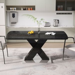 Tavolo da Pranzo Moderno Quadrato con Piano in Marmo Nero Stampato Estensibile e Base in Metallo a X in MDF W757S0001 - Product Image 2