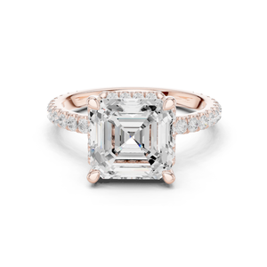 Anillo de compromiso atemporal para mujer con diamantes cultivados en laboratorio de corte Asscher y engaste de puntas de calidad premium, pavimentado en oro rosa macizo de 14k. - Product Image 1