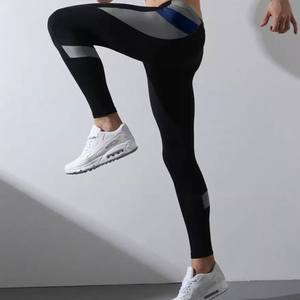 Men's <b>Black</b> Full Length Compression <b>Leggings</b> <b>High</b> <b>Waist</b> Seamless Four-Way Stretch Color Blocking Yoga Pants - Product Image 3