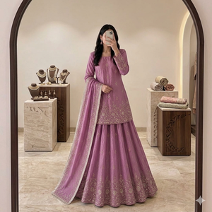 Premium Lavender Tissue Silk Kurta Lehenga Set Heavy Zari Embroidered Short <b>Kurti</b> with Flared Skirt Indian Pakistani Wedding Wea - Product Image 1