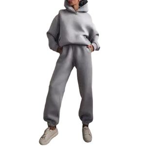 Conjuntos de pantalón de dos piezas para mujer, sudaderas gruesas sólidas con capucha, manga completa, cintura elástica, pantalones largos empalmados, bolsillos, trajes informales - Product Image 1