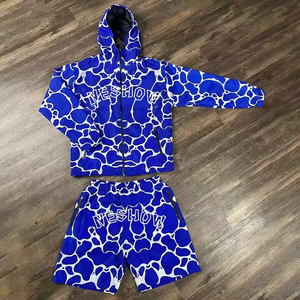 Unisex Blue White Pattern Tracksuit Set Hooded <b>Jacket</b> Shorts Quick Dry Streetwear <b>Summer</b> Wear Full Sleeve Zipper Front Logo - Product Image 1
