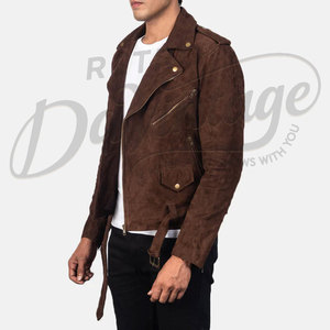 Veste de motard en cuir suédé marron foncé pour homme, classique, double fermeture éclair, en véritable peau de mouton, chaude pour l'hiver, avec ceinture - Product Image 4
