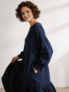 Robe longue élégante pour femmes, bleu marine uni, col rond, manches longues bouffantes, ourlet à plusieurs niveaux, style bohème, robe d'été décontractée - Product Image 5