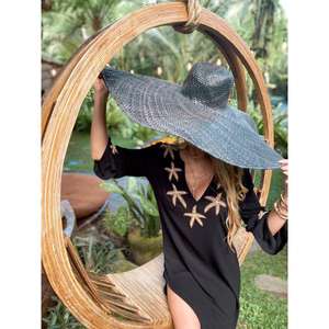 Vestido de playa negro con cuello en V para mujer, con bordado de estrellas de mar, elegante, con mangas, para verano, ropa de resort, pareo. - Product Image 2