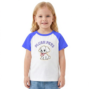 Camiseta de Felpa con Diseño de Perro de Dibujos Animados para Niños, Blanca con Mangas Moradas, Cuello Redondo, Manga Corta, Algodón Jersey, para Primavera/Verano - Product Image 2