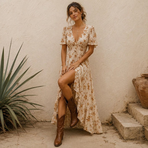 Vestido bohemio para mujer, tela tejida de rayón, transpirable, antipilling, vestido informal de verano - Product Image 2