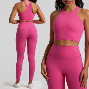 <b>Red</b> Seamless Yoga Set High Waist Leggings <b>Crop</b> <b>Top</b> Racerback Sleeveless Solid Color Full Length Workout Activewear - Product Image 6