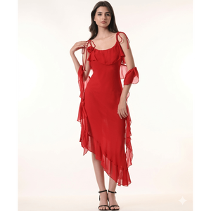 Vestido midi rojo elegante con volantes asimétricos y tirantes para los hombros para mujer - Product Image 1