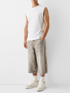 Shorts en jean super amples personnalisés pour hommes, style rétro vintage, tendance mode urbaine, denim marron délavé, longs shorts de skater - Product Image 5