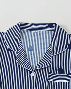 Women Striped Heart Print Cotton Pajama Set Short Sleeve Turn-down Collar Full Length Casual Summer Sleepwear 2 Piece - Product Image 3