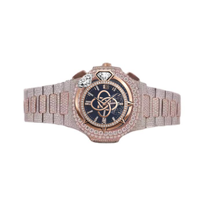 Montre de luxe en or rose et diamants pour hommes, chronographe mécanique, cadran analogique, cristal saphir, 43mm, bracelet entièrement pavé, fermoir pliant - Product Image 1