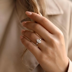 10K 14K 18K Solid Gold Solitaire Ring Trilogy Designer Ring <b>Three</b> Stone Engagement Ring IGI Certified Marquise Lab Grown Diamond - Product Image 2