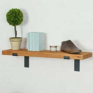 Modern Minimalist Solid Wood Floating <b>Shelf</b> Set With Sleek Black Metal Support <b>Wall</b> <b>Mounted</b> Slim Timber Display Ledge Rack - Product Image 2