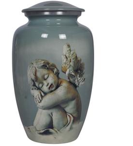 Urne funéraire moderne en métal avec un ange endormi peint à la main pour les cendres humaines, décoration de table, décoration de la maison - Product Image 1