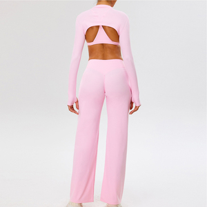 Ensemble de sport yoga trois pièces pour femme en nylon, avec logo frontal uni, séchage rapide, pantalon taille haute élastique effet push-up et crop top moulant sexy - Product Image 6