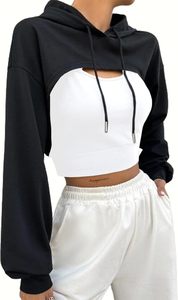 Sudadera Corta con Capucha Negra para Mujer, Manga Murciélago, Color Sólido, Diseño Asimétrico Oversize, Estilo Casual de Otoño - Product Image 3