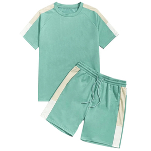 Men's Summer Casual 2-Piece <b>Set</b> Color Blocking T-Shirt Shorts Breathable <b>Knitted</b> Cotton Spandex Crew Neck Workout Wear - Product Image 1