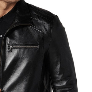 Men's Black Genuine Leather Waterproof <b>Slim</b> <b>Fit</b> Zip Front Motorcycle Style Biker Coat with Criss-cross Decoration and Sheep Fur - Product Image 5