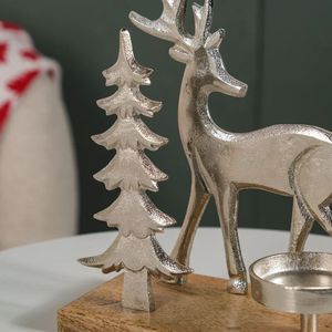 Silver Reindeer With <b>Christmas</b> <b>Tree</b> Metal Craft Wood <b>Base</b> Candle Holder Holiday Decoration - Product Image 6