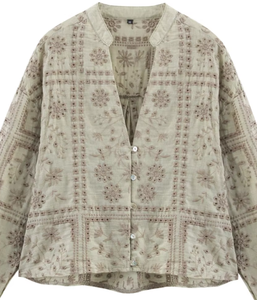 Blusa Bohemia de Lino para Mujer con Bordado Floral, Cuello Mandarín, Manga Larga, Corte Holgado, Cierre de Botones - Product Image 3