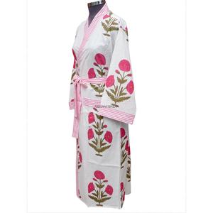 Robe Kimono Longue en Coton Écologique 100% pour Femme, Motif Floral sur le Devant, Col en V, Manches Longues, Vêtement de Nuit Décontracté, Peignoir Blanc Rose - Product Image 3