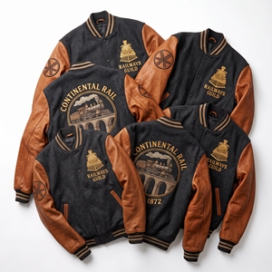 Blouson universitaire en laine anthracite, broderie locomotive de train à vapeur du Groupe ferroviaire Continental, marron, vente en gros - Product Image 1