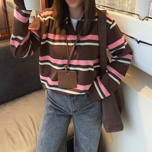 Breathable wholesale Women's <b>Polo</b> Shirt Long Sleeve Casual Knitted Cotton <b>Top</b> Brown Pink <b>White</b> Pattern Regular Length - Product Image 3