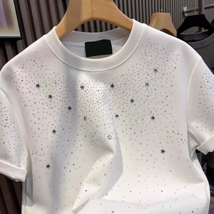 Men's White Anti-Wrinkle Rhinestone T-<b>Shirt</b> | Sparkle Crystal <b>Studded</b> Short Sleeve Casual Tee | 100% Organic Cotton OEM ODM - Product Image 5