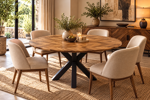 American Style Round <b>Wooden</b> Dining Table Herringbone <b>Top</b> Industrial Modern Metal Cross Base Furniture - Product Image 2