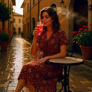 Robe midi à imprimé floral, col en V, avec ceinture, style bohème, coupe trapèze, manches courtes, robe décontractée pour le printemps - Product Image 5